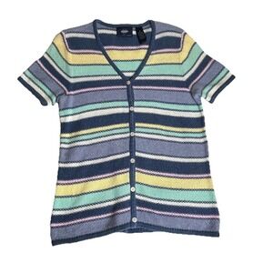 Vtg 90s Y2K Knit Striped‎ Button Cardigan Sweater Sz Med Grandma Cottage Core